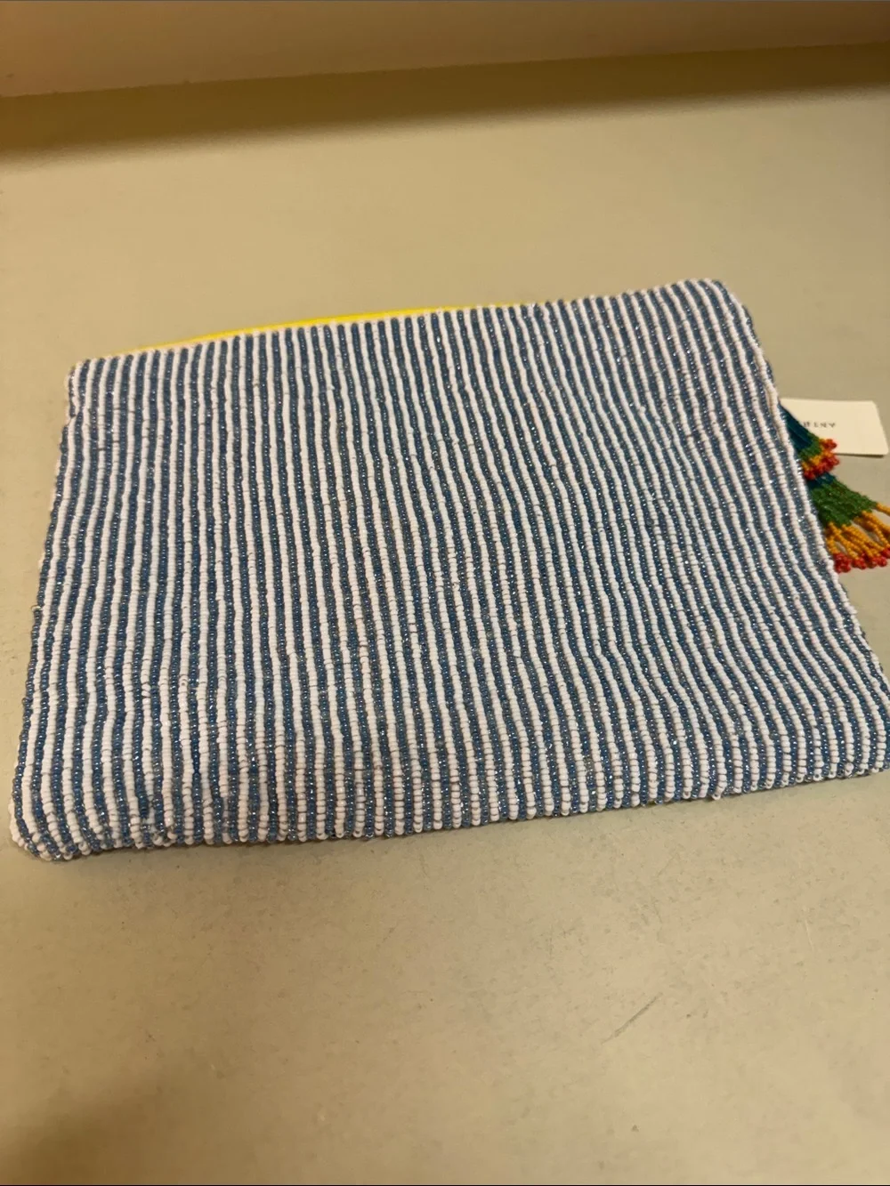 Anthropologie Blue Stripe Beaded Toucan Zip clutch, NWT